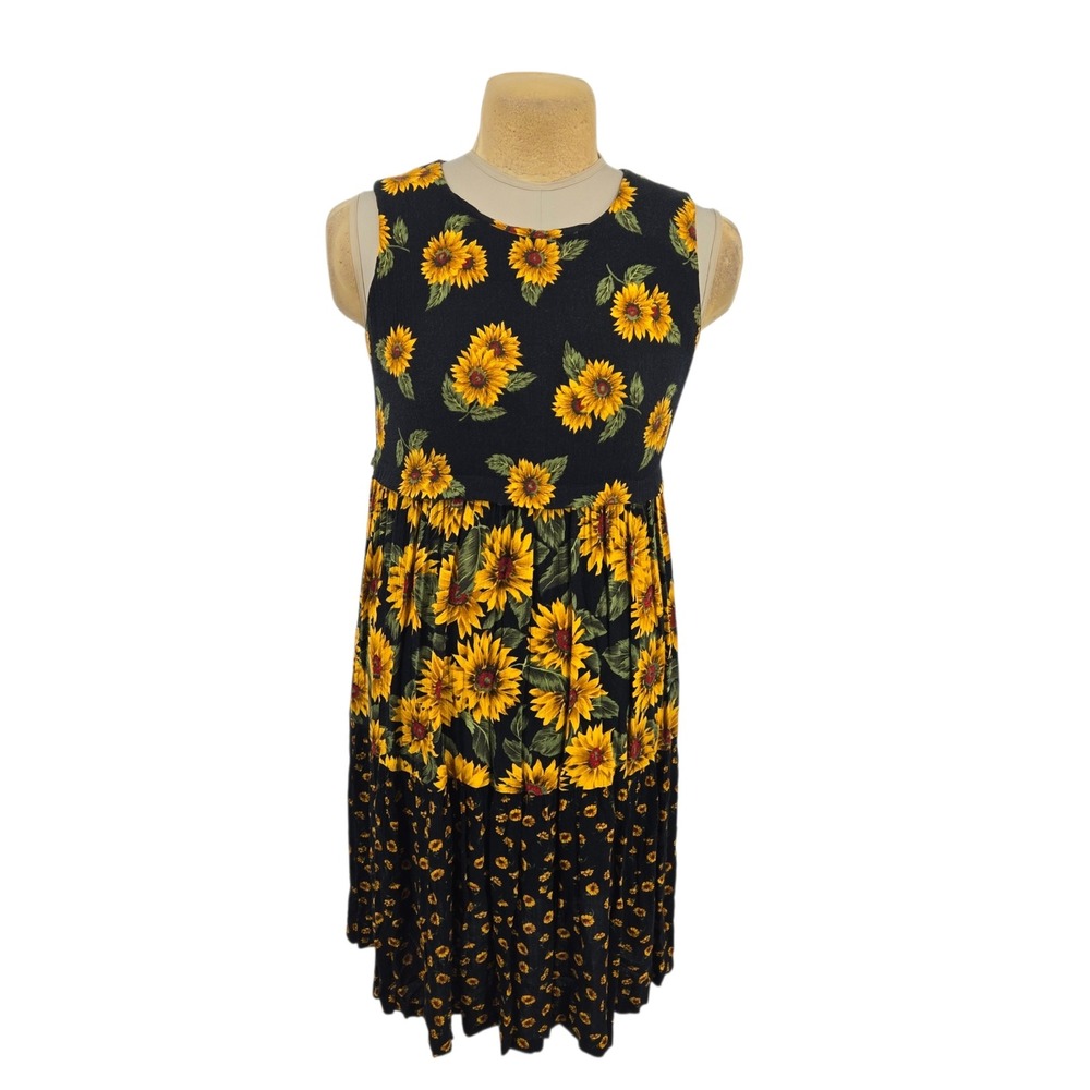 E.D. Michaels Sunflower Dress Women M Black Floral Tiered Midi Vintage Y2K